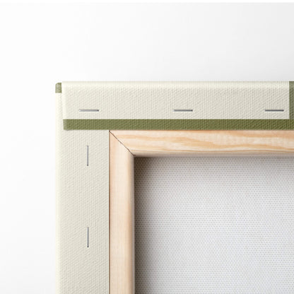 Back side of vaporwave neon portal canvas art print with light beige canvas and natural wood frame with olive green tape