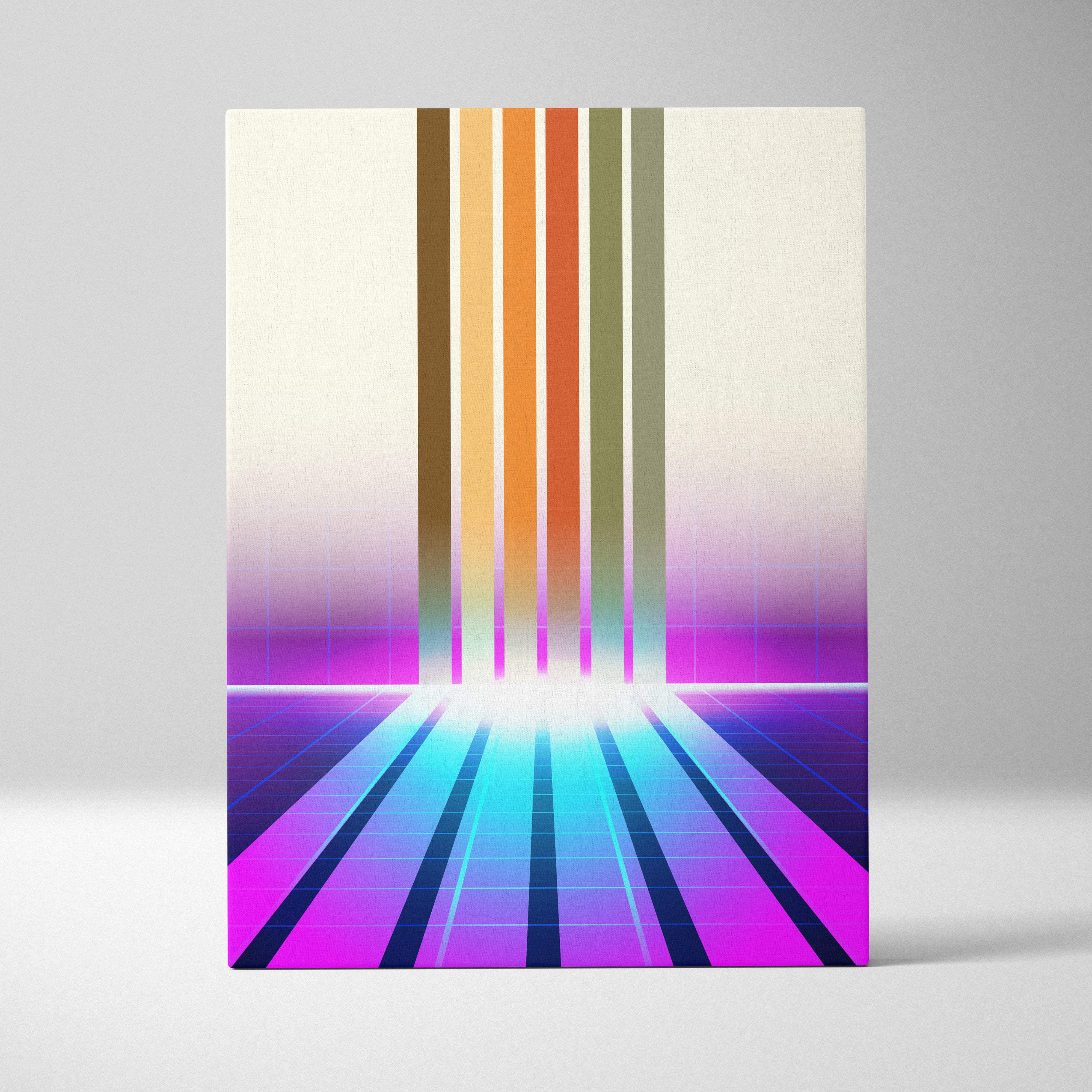 Vibrant vaporwave neon portal canvas art print with vertical rainbow stripes and glowing retrowave grid lines