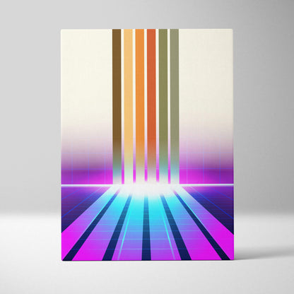 Vibrant vaporwave neon portal canvas art print with vertical rainbow stripes and glowing retrowave grid lines
