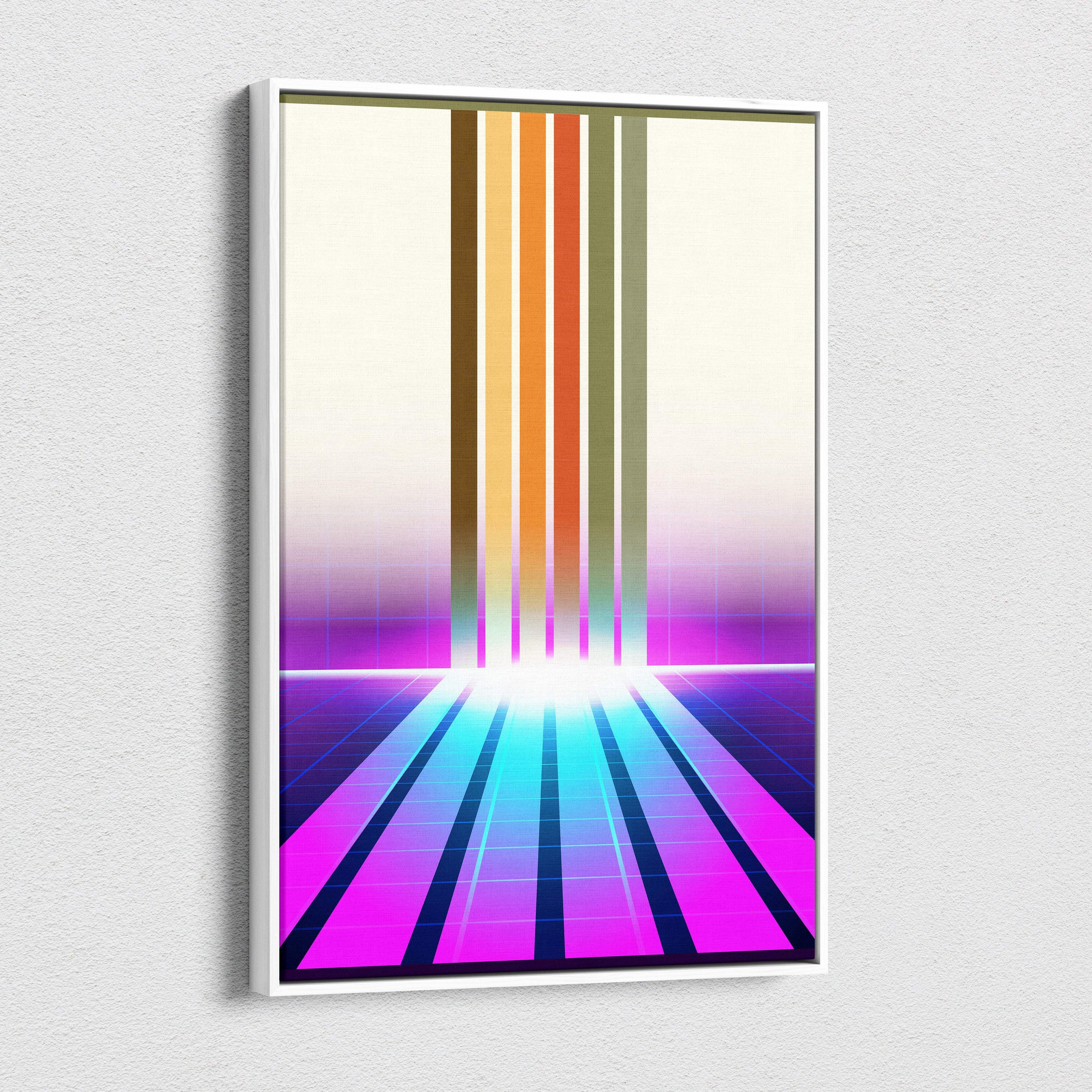 A framed vaporwave neon portal canvas art print with vertical rainbow stripes and a glowing retrowave grid design
