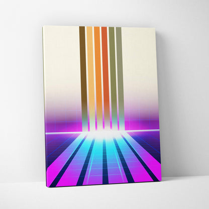 Vaporwave neon portal canvas art print with vibrant vertical stripes in warm oranges golds and cool purples on white surface