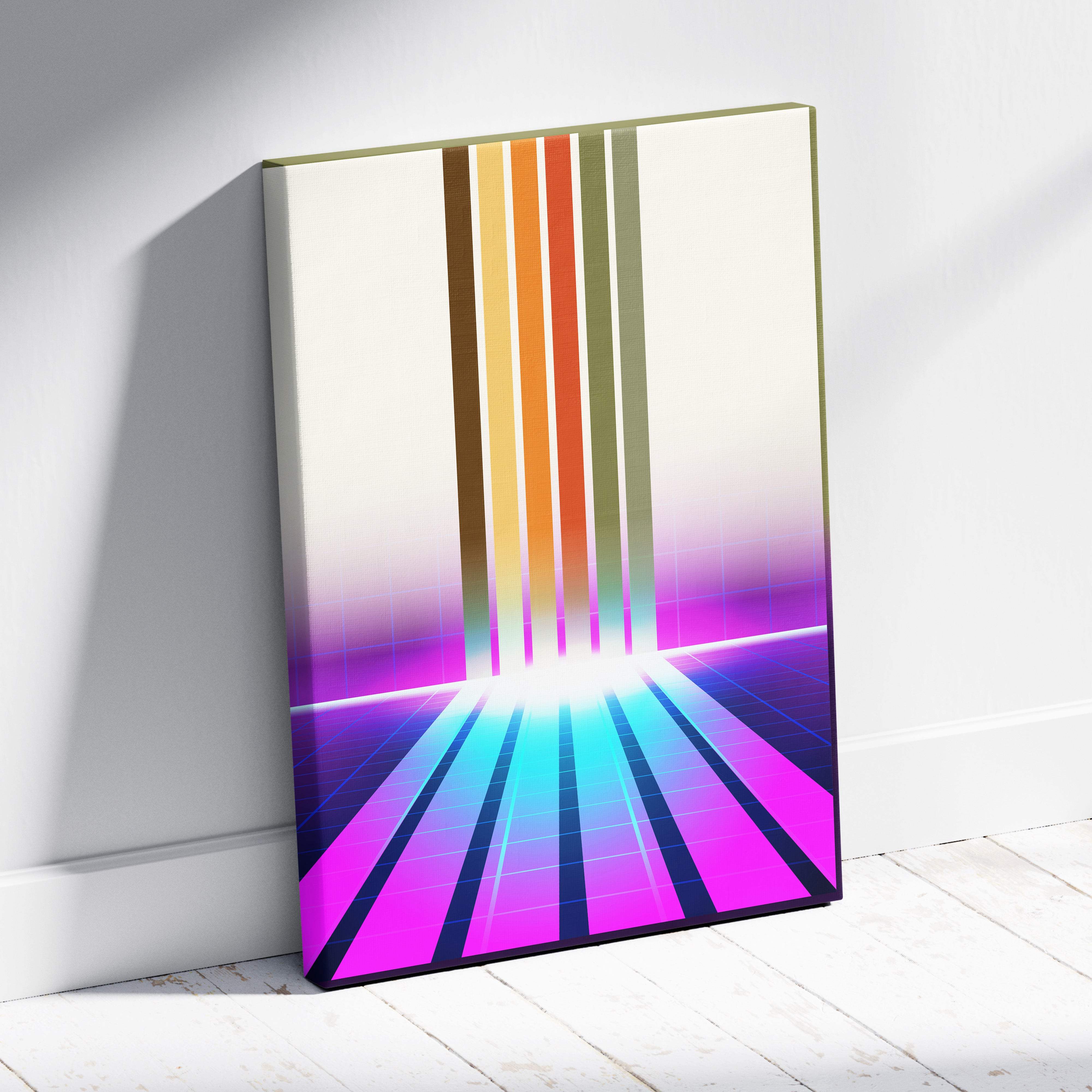 Vaporwave neon portal canvas art print featuring vibrant vertical rainbow stripes and glowing synthwave neon floor