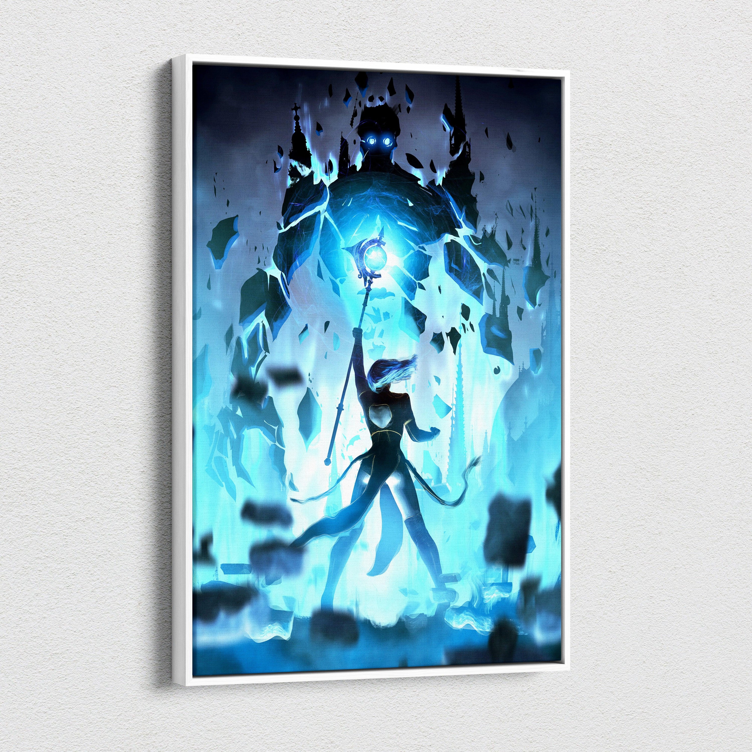 Arcane Ascension Canvas Wall Art – Blue Sorceress Defying Shadow Titan, Glowing Staff, Floating Ruins, Gothic Spires, Epic Dark Fantasy Magic Battle Print