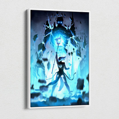 Arcane Ascension Canvas Wall Art – Blue Sorceress Defying Shadow Titan, Glowing Staff, Floating Ruins, Gothic Spires, Epic Dark Fantasy Magic Battle Print