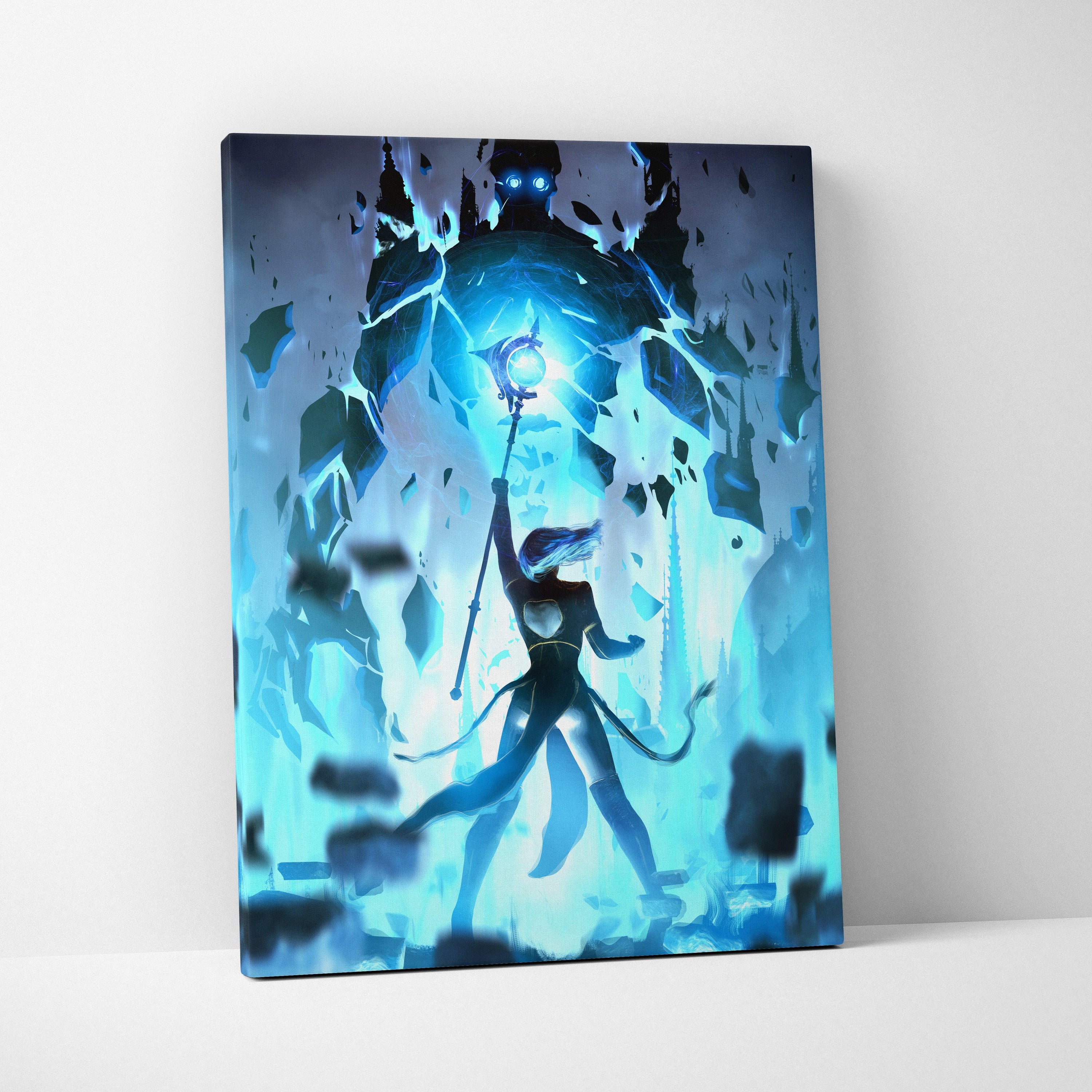 Arcane Ascension Canvas Wall Art – Blue Sorceress Defying Shadow Titan, Glowing Staff, Floating Ruins, Gothic Spires, Epic Dark Fantasy Magic Battle Print