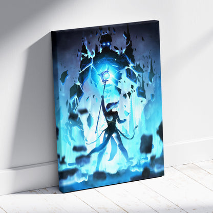 Arcane Ascension Canvas Wall Art – Blue Sorceress Defying Shadow Titan, Glowing Staff, Floating Ruins, Gothic Spires, Epic Dark Fantasy Magic Battle Print