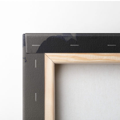 Back side of a fiery woman with umbrella canvas wall art print with light wooden frame and black canvas backing