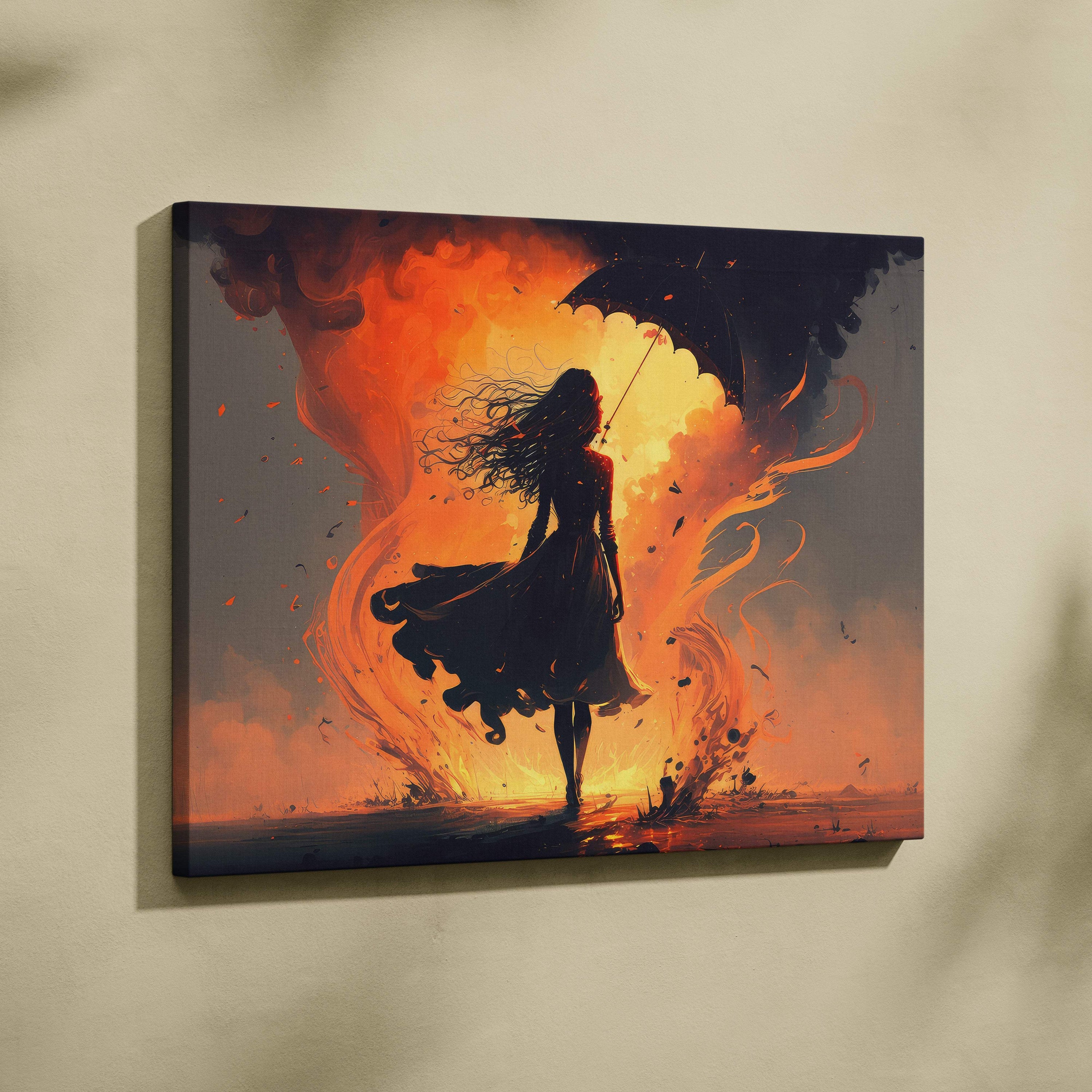 Fiery woman with umbrella canvas wall art print featuring a silhouette in orange and black for modern bedroom decor