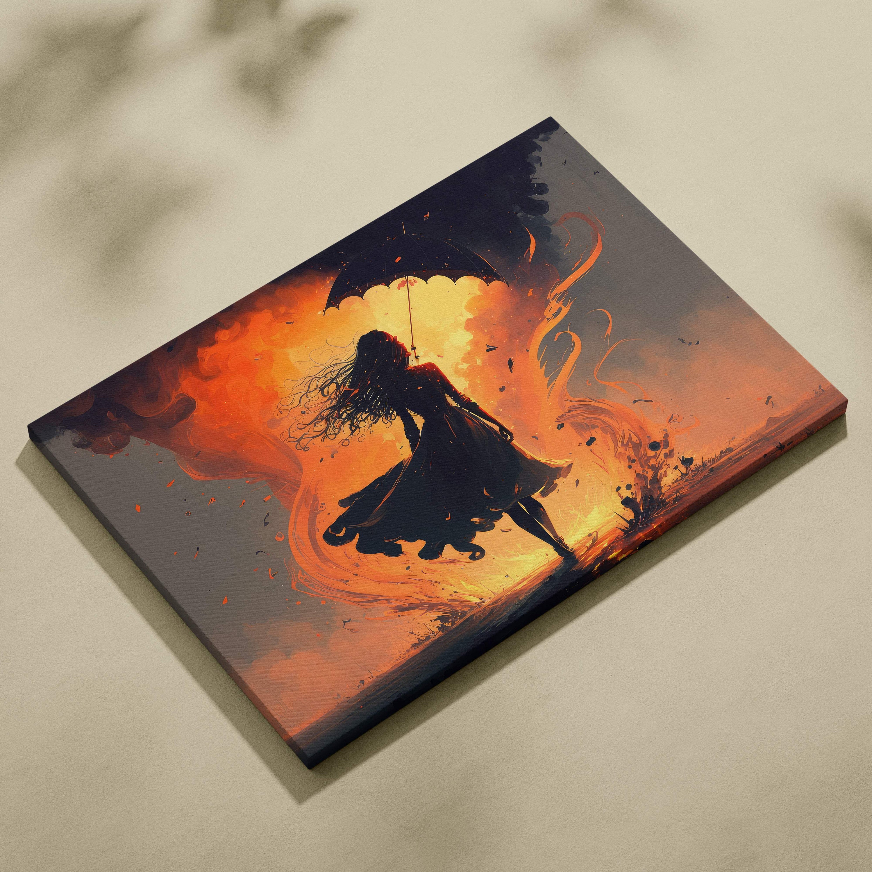 Fiery woman with umbrella canvas wall art featuring a dramatic silhouette against an orange and dark sky for modern decor