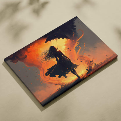 Fiery woman with umbrella canvas wall art featuring a dramatic silhouette against an orange and dark sky for modern decor