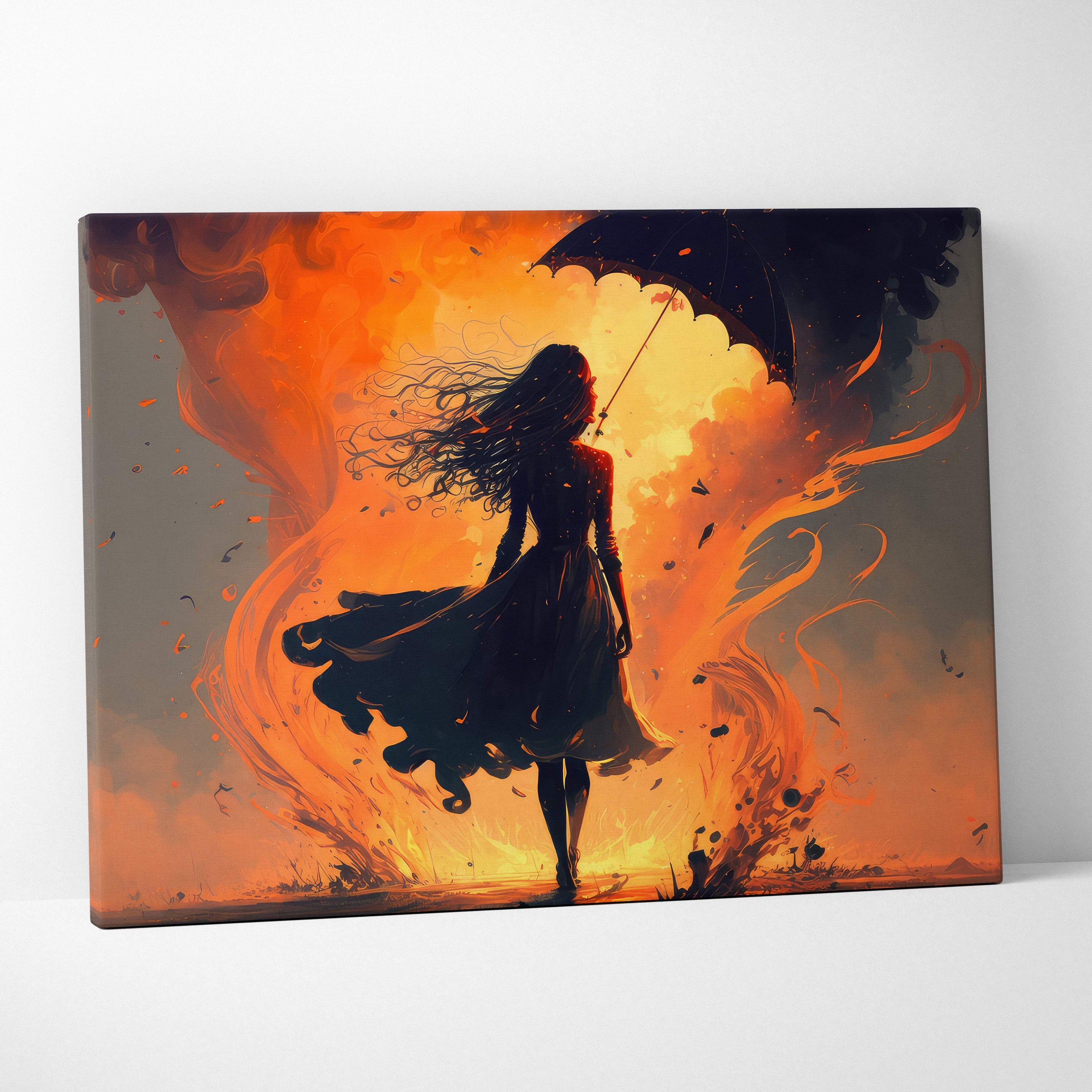Fiery woman with umbrella canvas print showing a dark silhouette against an orange sky for modern bedroom decor