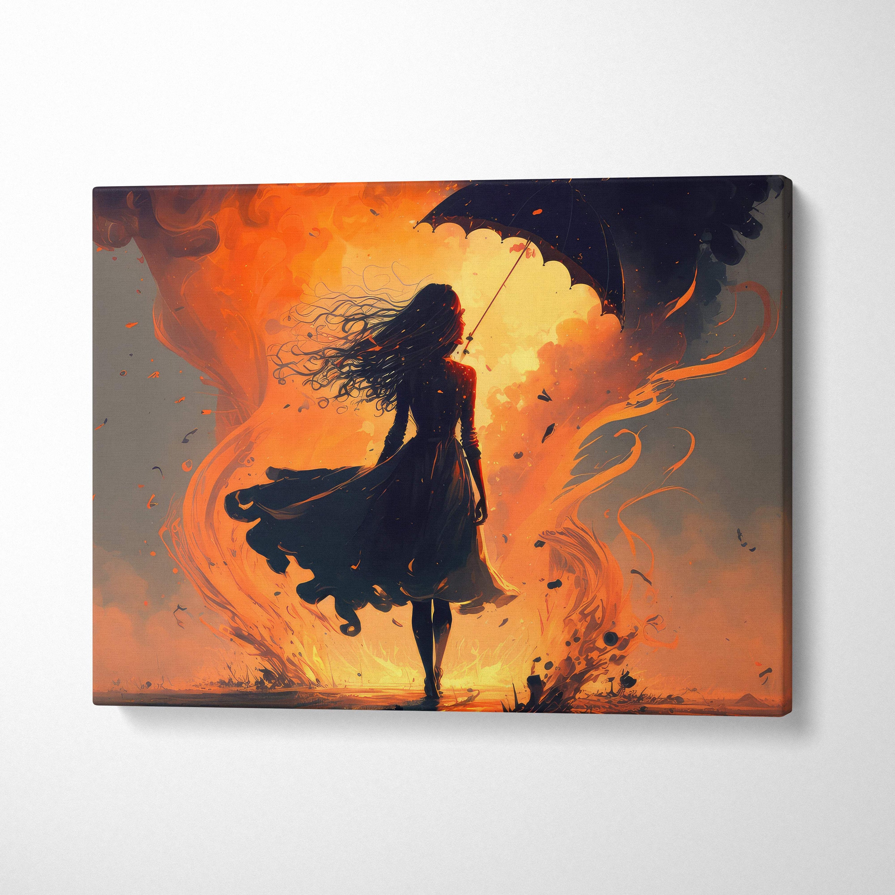 A canvas print featuring a silhouette of a woman in a dark dress with umbrella against a fiery orange sky
