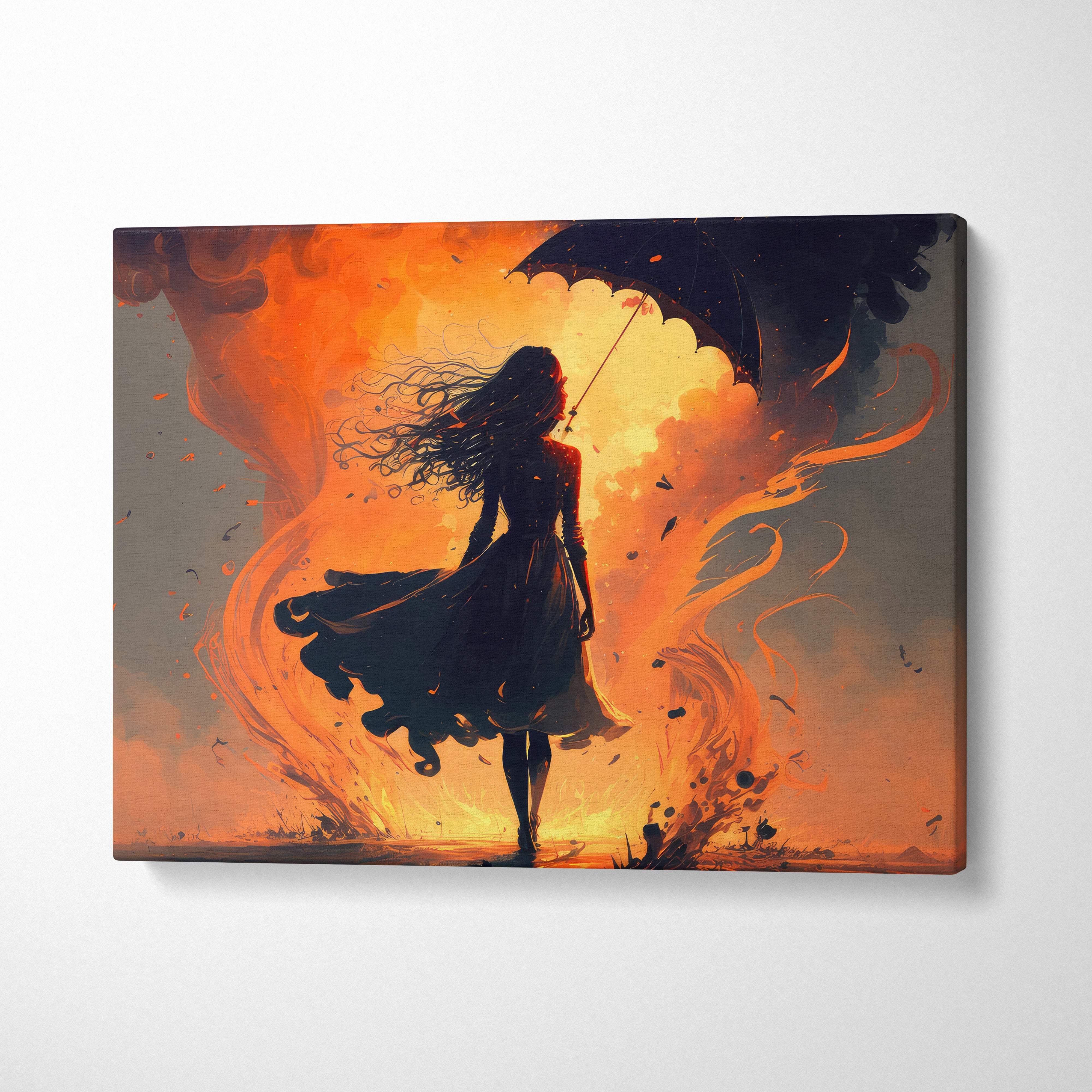 A canvas print featuring a silhouette of a woman in a dark dress with umbrella against a fiery orange sky