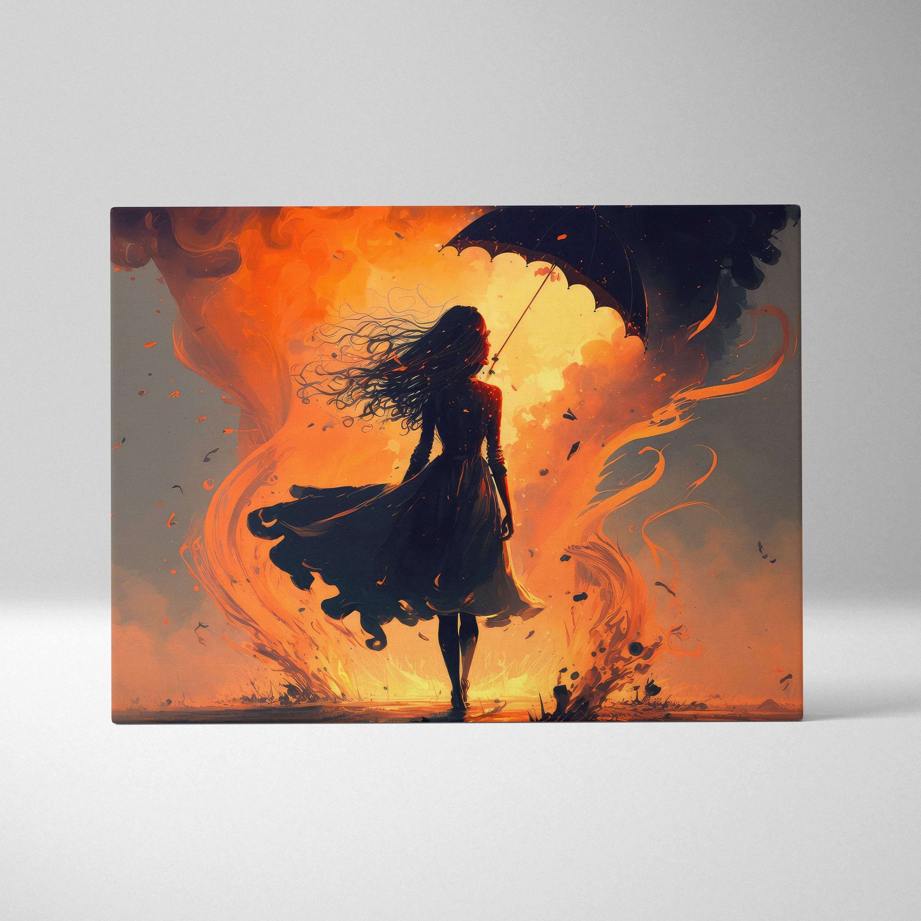 A rectangular canvas wall art print showing a silhouette of a woman with umbrella against a fiery orange sky