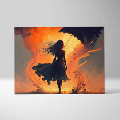 A rectangular canvas wall art print showing a silhouette of a woman with umbrella against a fiery orange sky
