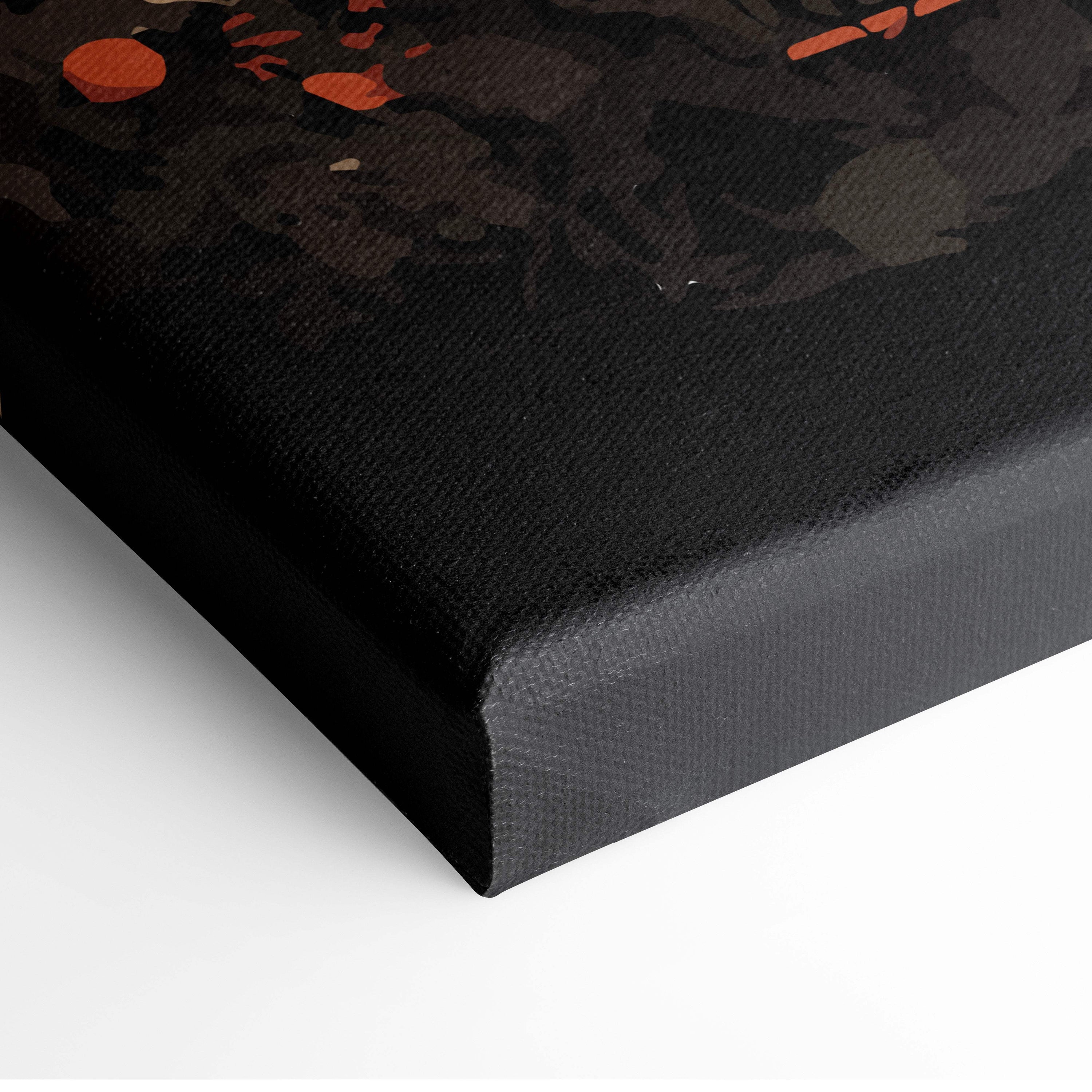 Ronin samurai black canvas print with textured surface and abstract orange splatters for bold martial arts decor