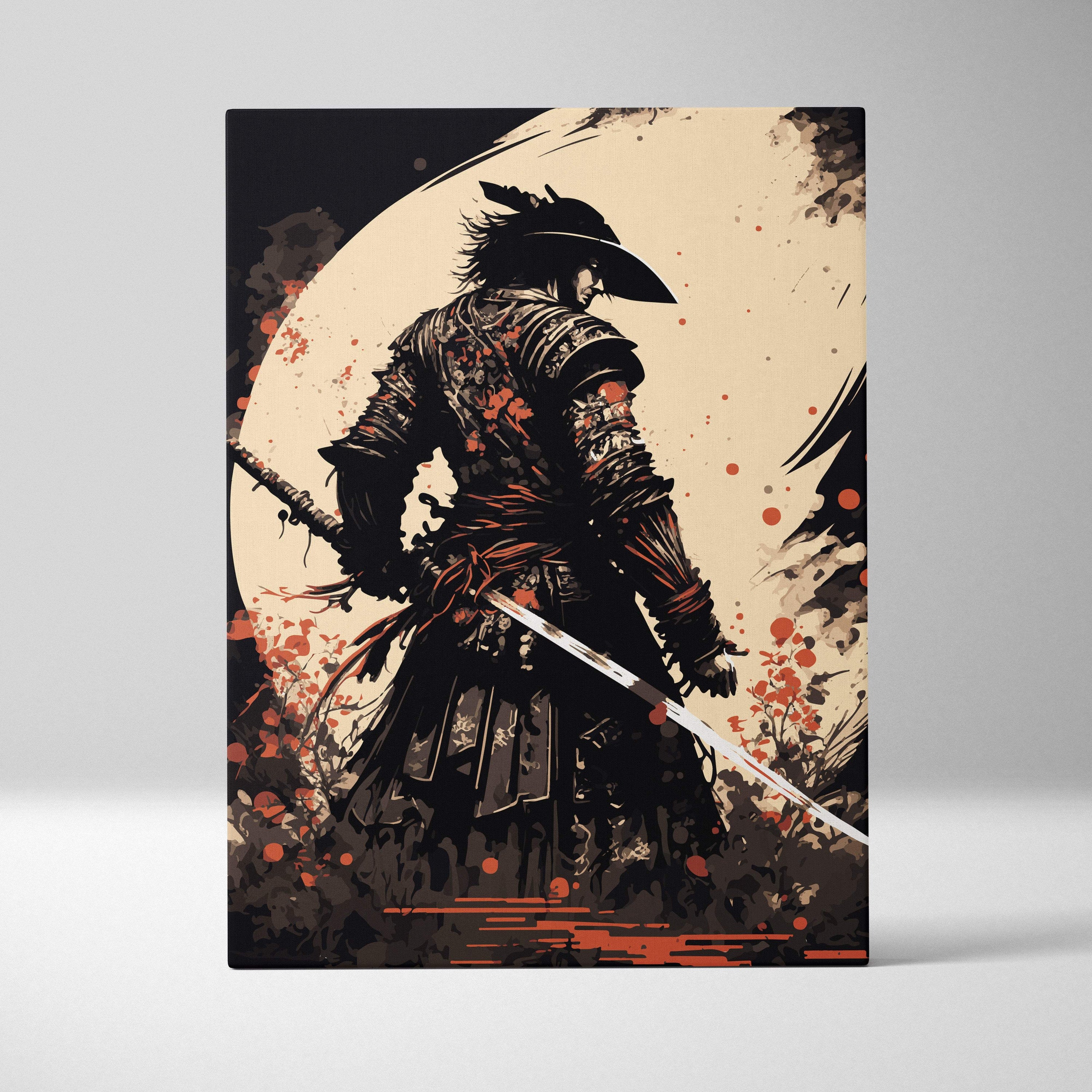 Stylized ronin samurai canvas print featuring black and red armor in ink brush style with cream moon and orange-red accents
