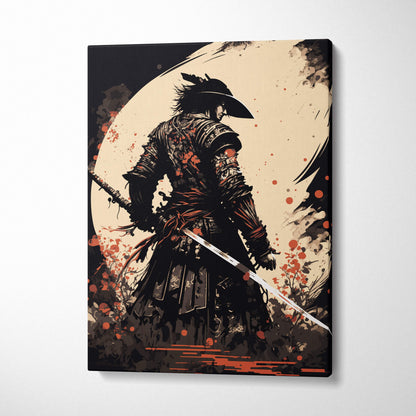 Black and beige ronin samurai canvas print with red splatter and moon backdrop in ink brush painting style