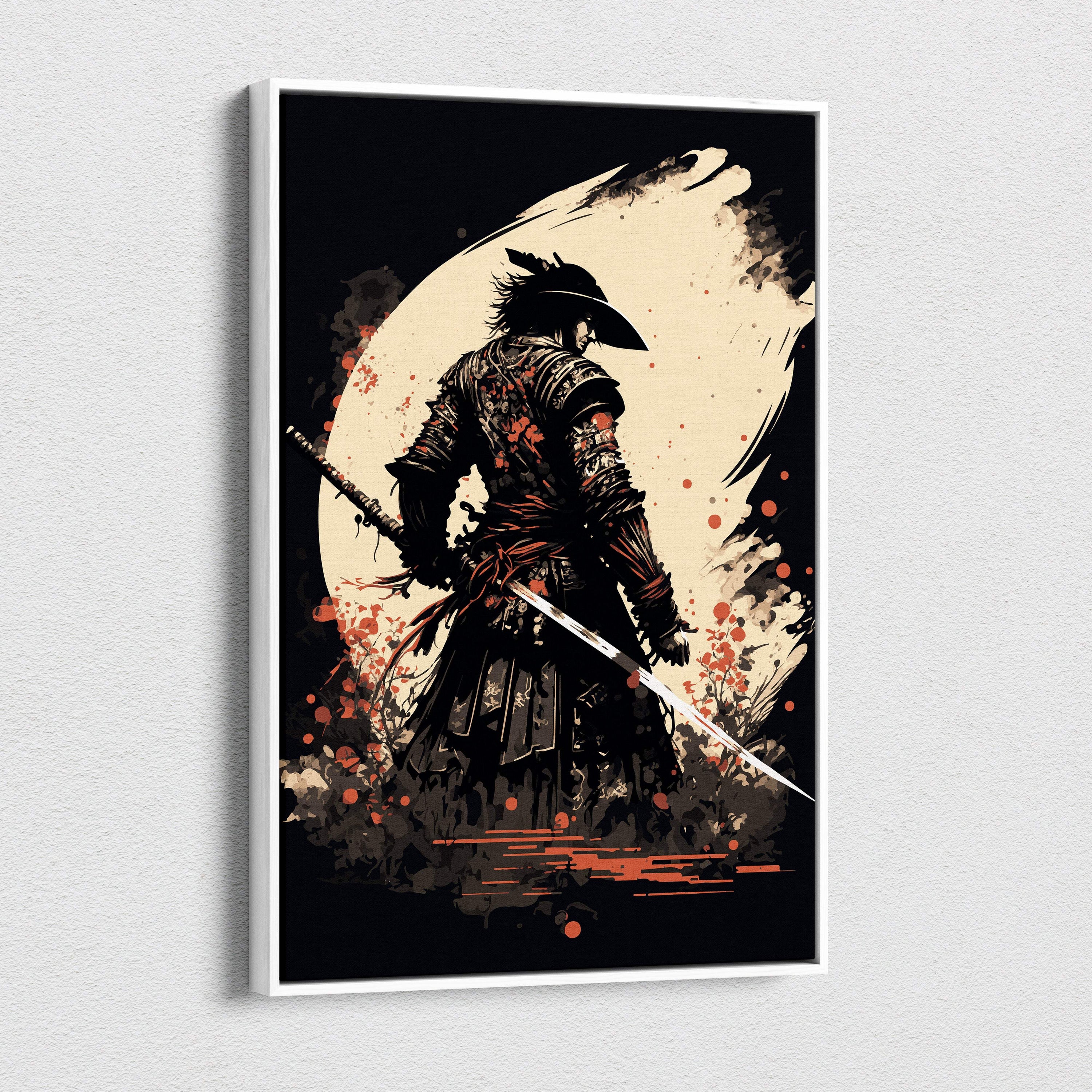 Black and cream ronin samurai canvas print featuring a japanese warrior with swords and stylized moon backdrop