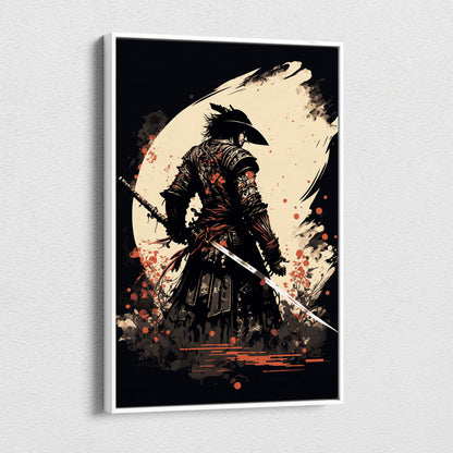 Black and cream ronin samurai canvas print featuring a japanese warrior with swords and stylized moon backdrop