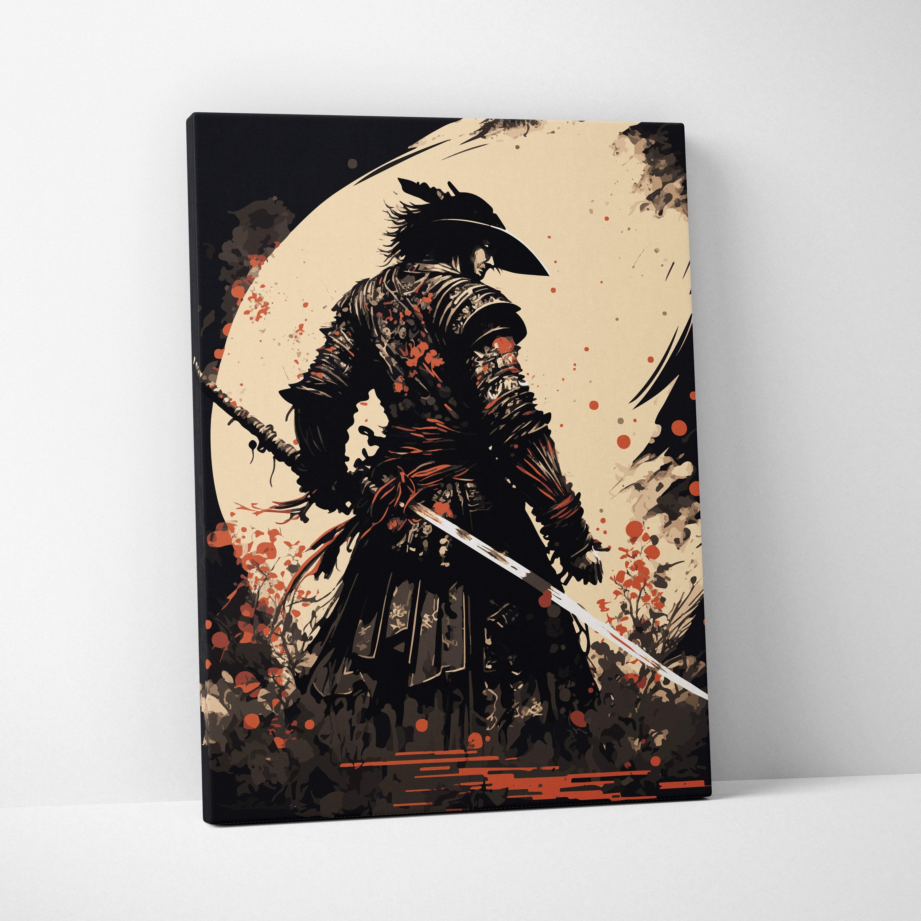 Black and beige canvas print of stylized samurai with two swords against moon backdrop with red splatter accents