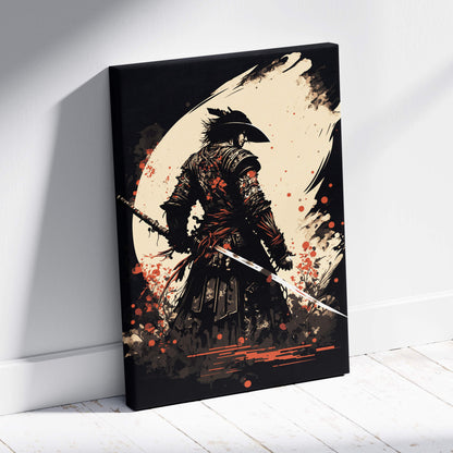 Black canvas print featuring a stylized samurai in dark armor with red splatters holding two swords against a cream moon