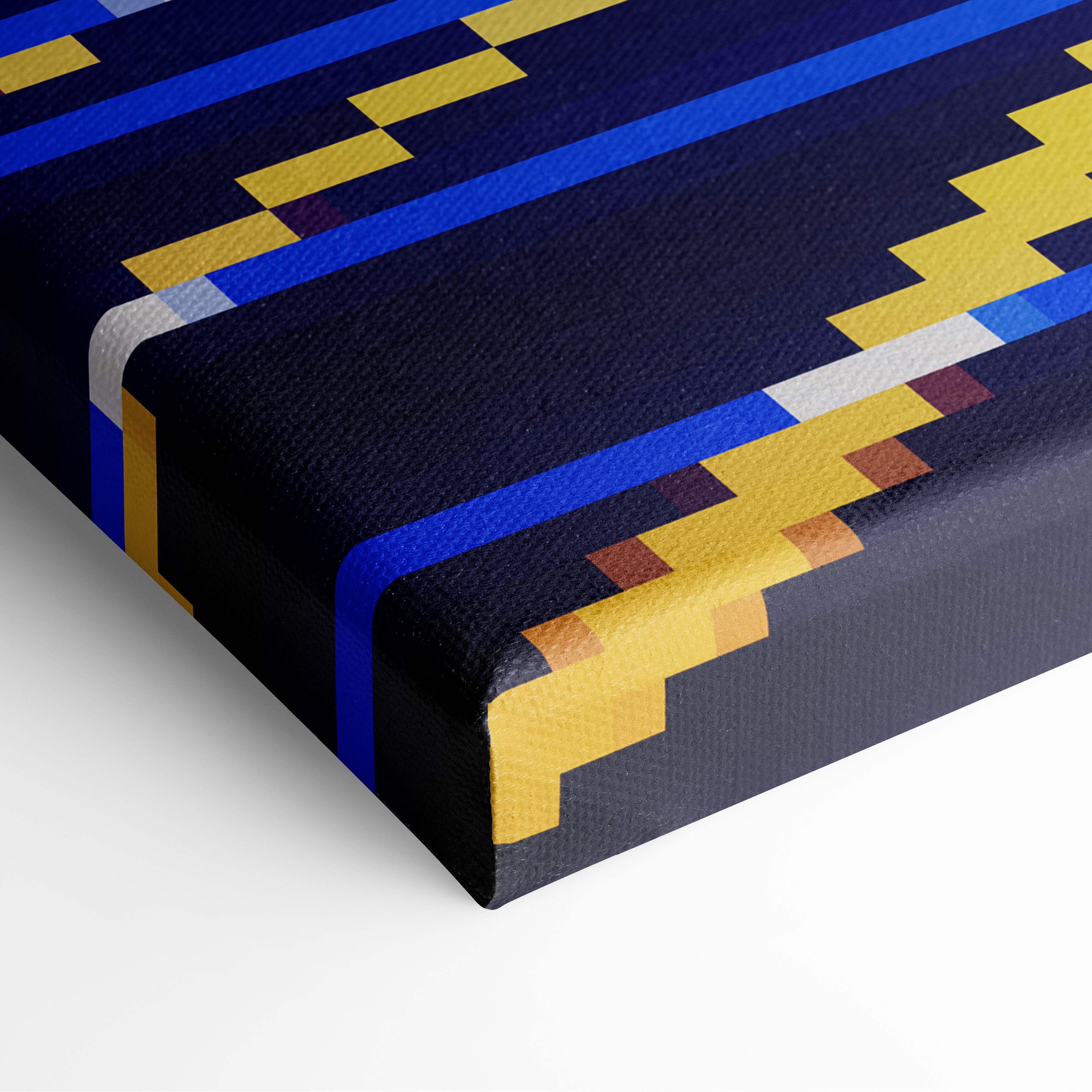 Retro pixel sunset canvas wall art print with bold blue yellow and white pixelated stripes on deep navy background