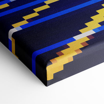 Retro pixel sunset canvas wall art print with bold blue yellow and white pixelated stripes on deep navy background