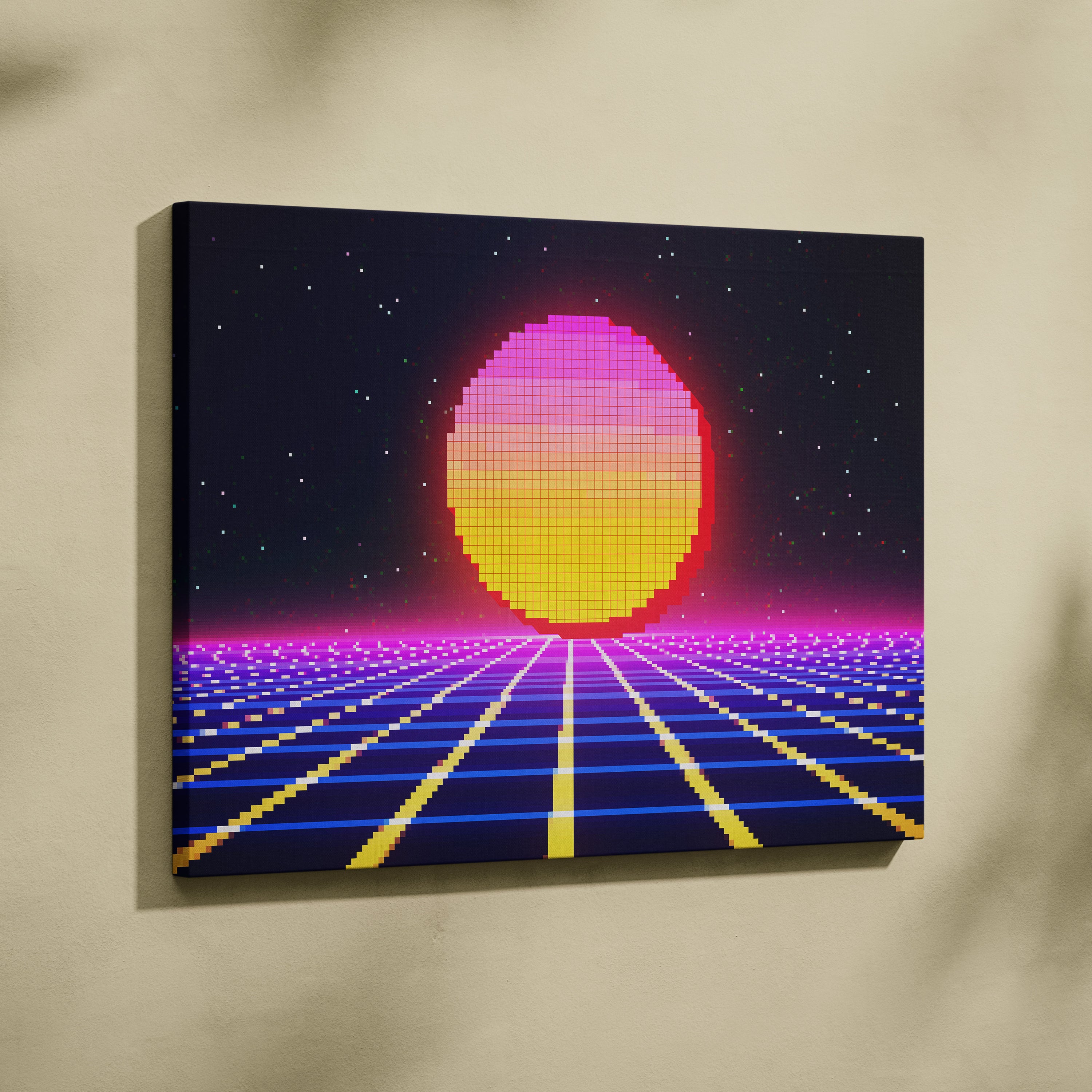 Retro pixel sunset canvas wall art print with a vibrant pixelated sun and neon synthwave grid for gaming rooms or 80s bedrooms