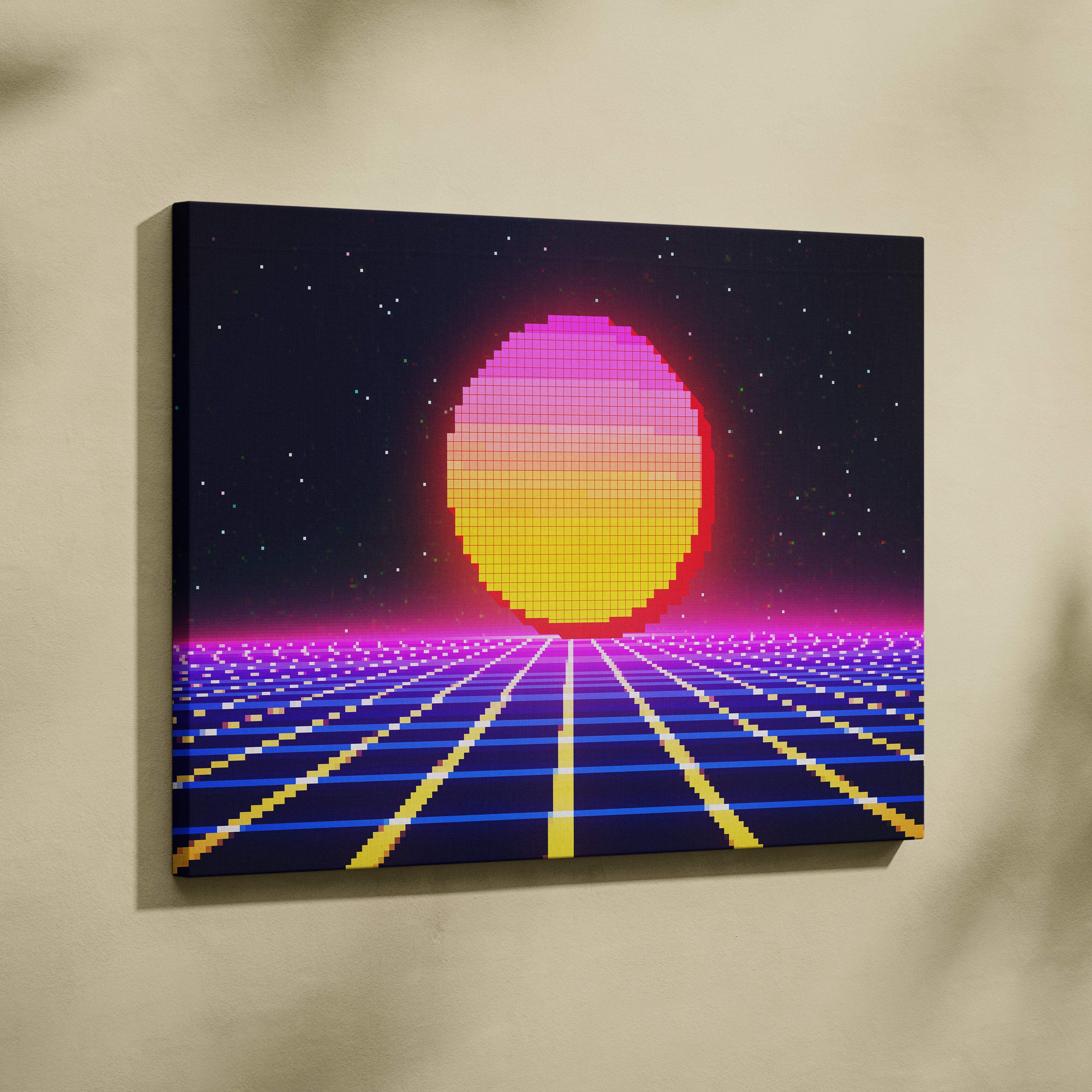 Retro pixel sunset canvas wall art print with a vibrant pixelated sun and neon synthwave grid for gaming rooms or 80s bedrooms