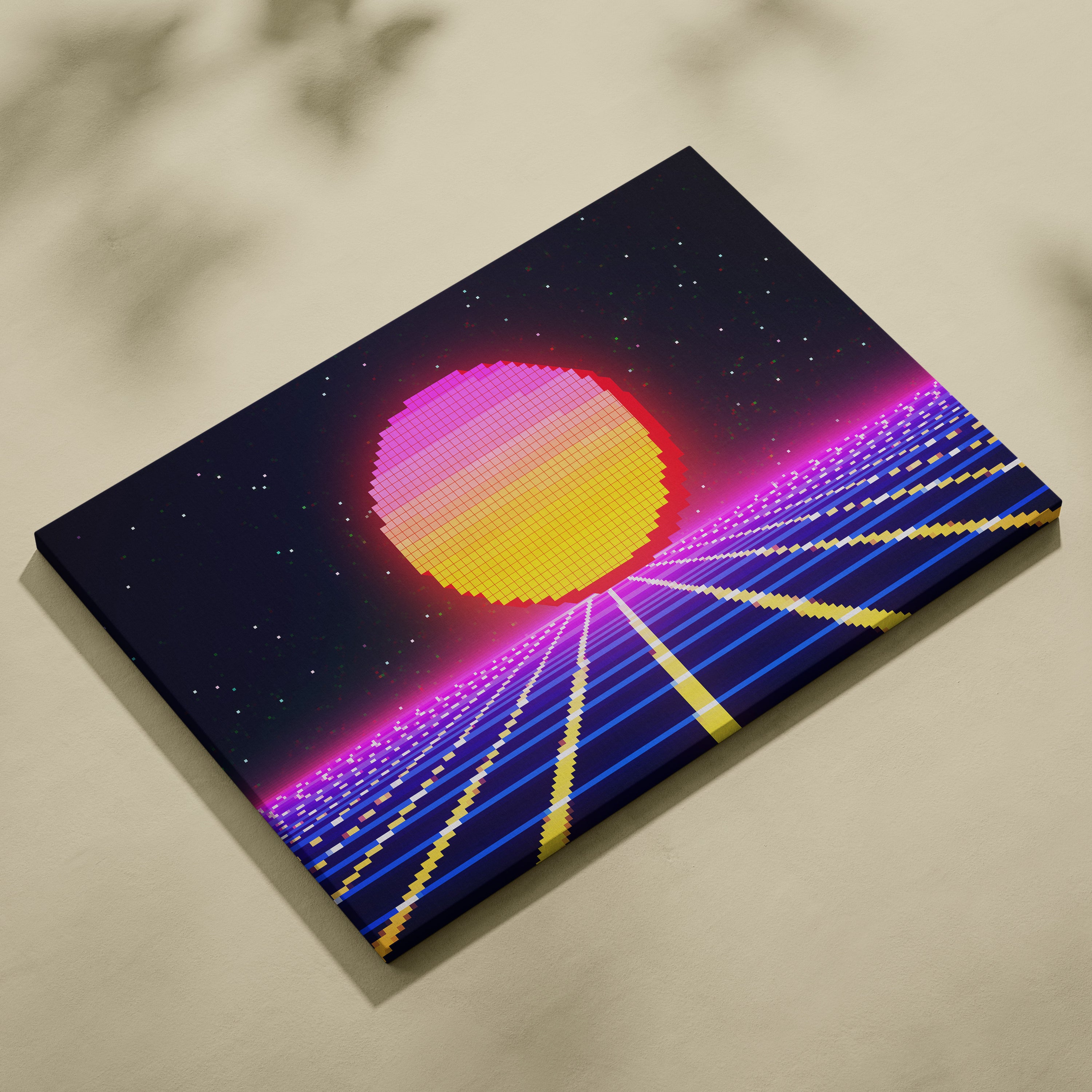 Retro pixel sunset canvas wall art print with pink yellow sun and neon blue purple digital roads for gaming room decor