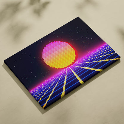 Retro pixel sunset canvas wall art print with pink yellow sun and neon blue purple digital roads for gaming room decor