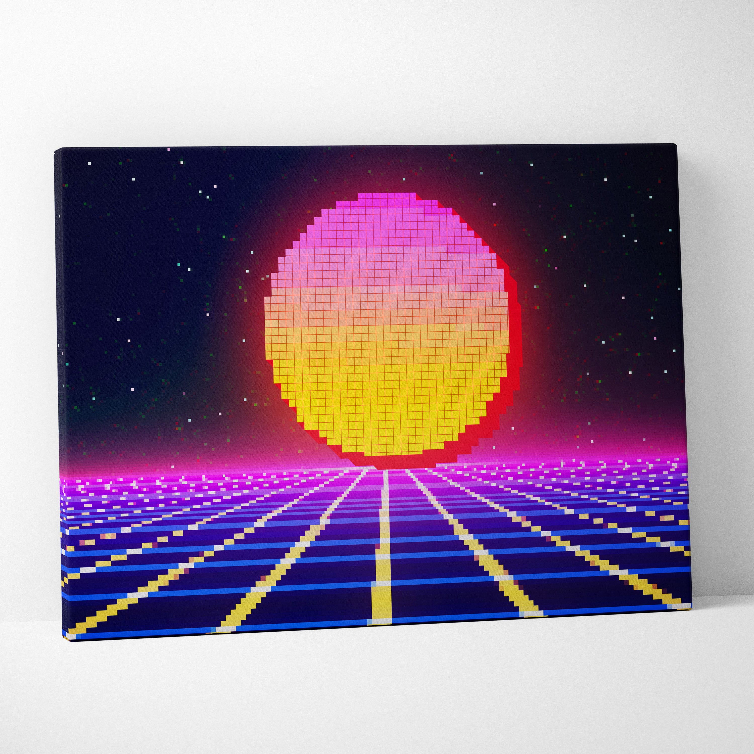 Retro pixel sunset canvas wall art print featuring a vibrant pink yellow red sun over neon synthwave grid landscape