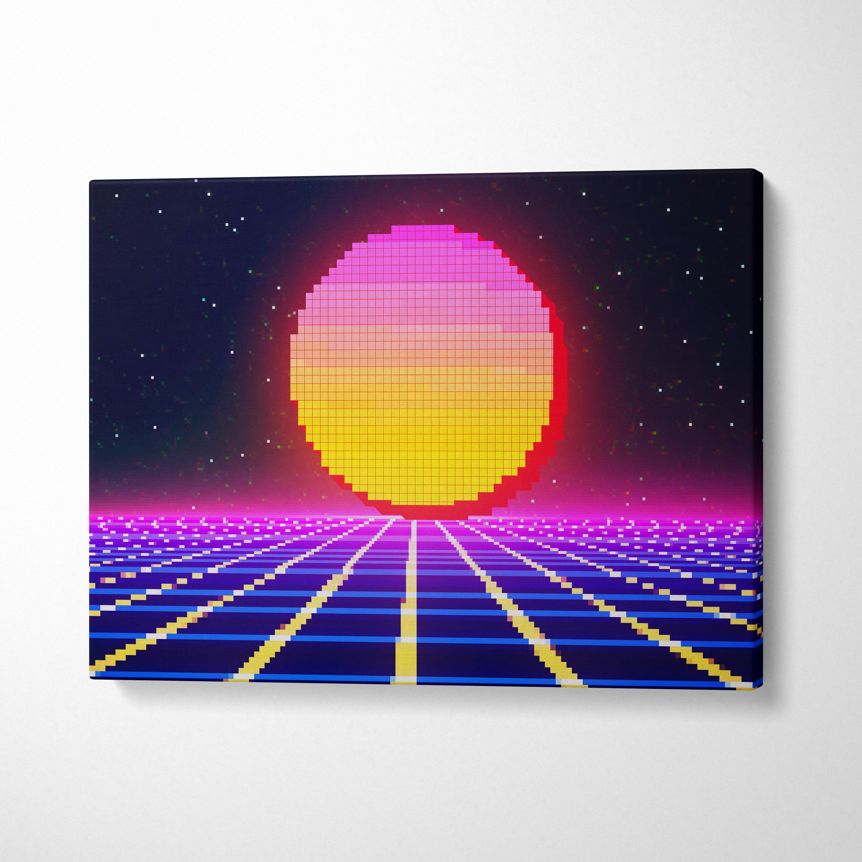 Retro pixel sunset canvas wall art print featuring vibrant pink yellow and red gradient over neon synthwave grid design