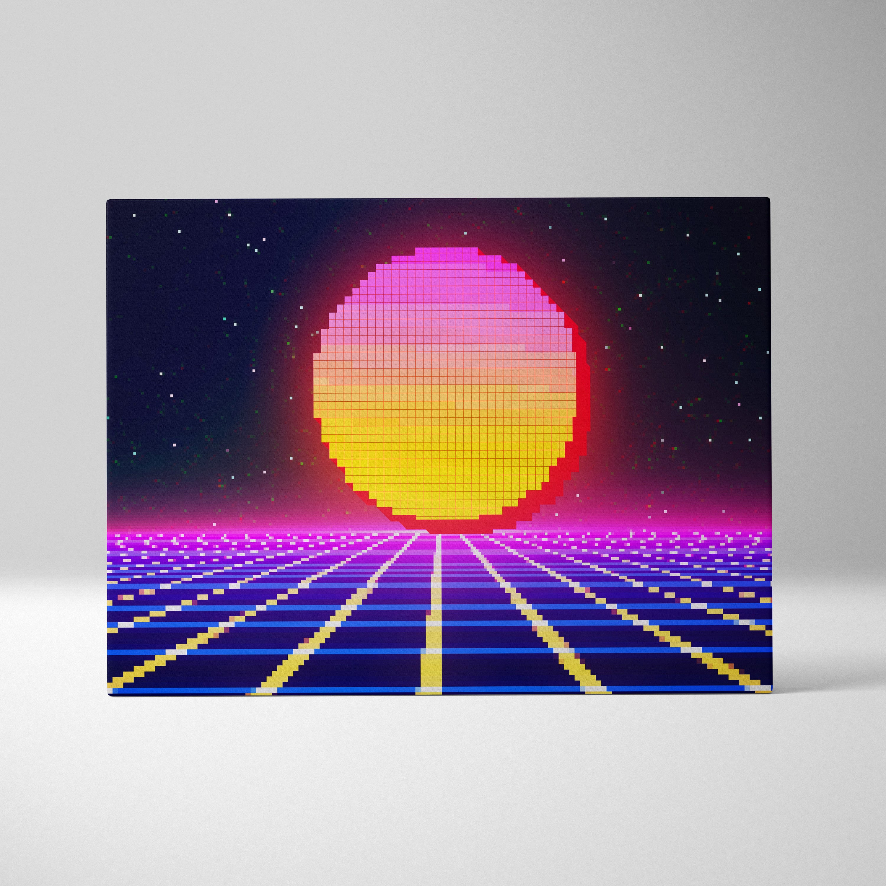 Retro pixel sunset canvas wall art print with vibrant pink to yellow gradient sphere, neon synthwave grid and starry night sky background