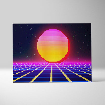 Retro pixel sunset canvas wall art print with vibrant pink to yellow gradient sphere, neon synthwave grid and starry night sky background
