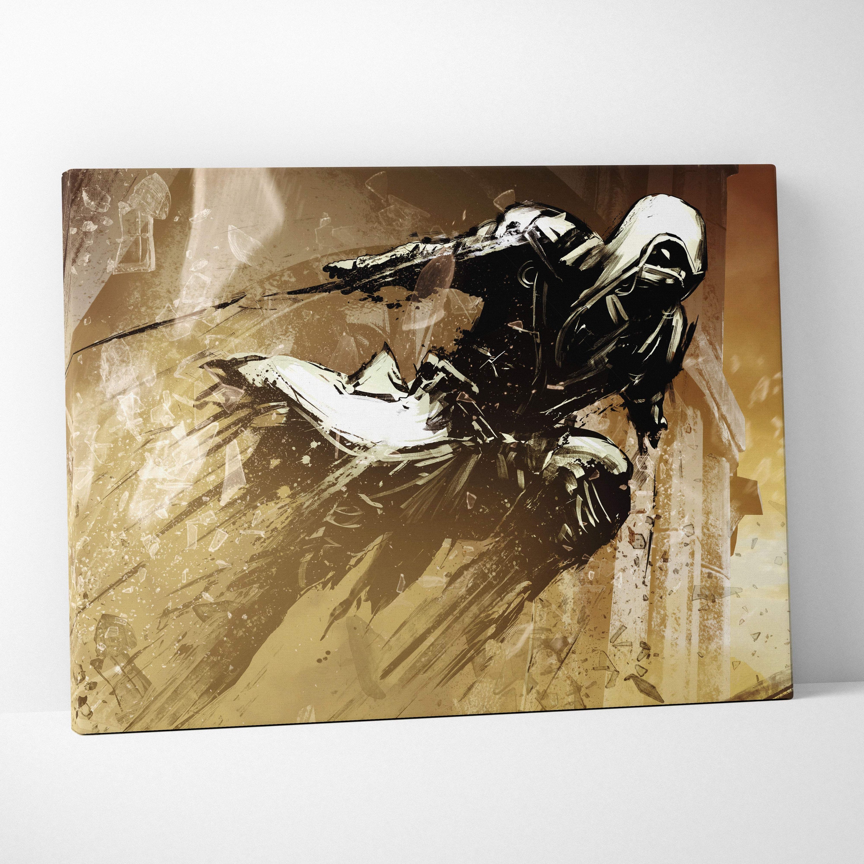 A canvas print of a black and white hooded rogue assassin leaping against a textured golden brown background