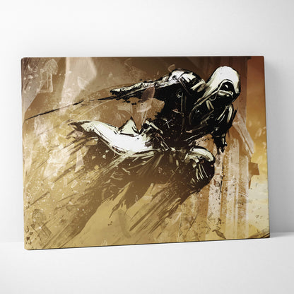 A canvas print of a black and white hooded rogue assassin leaping against a textured golden brown background