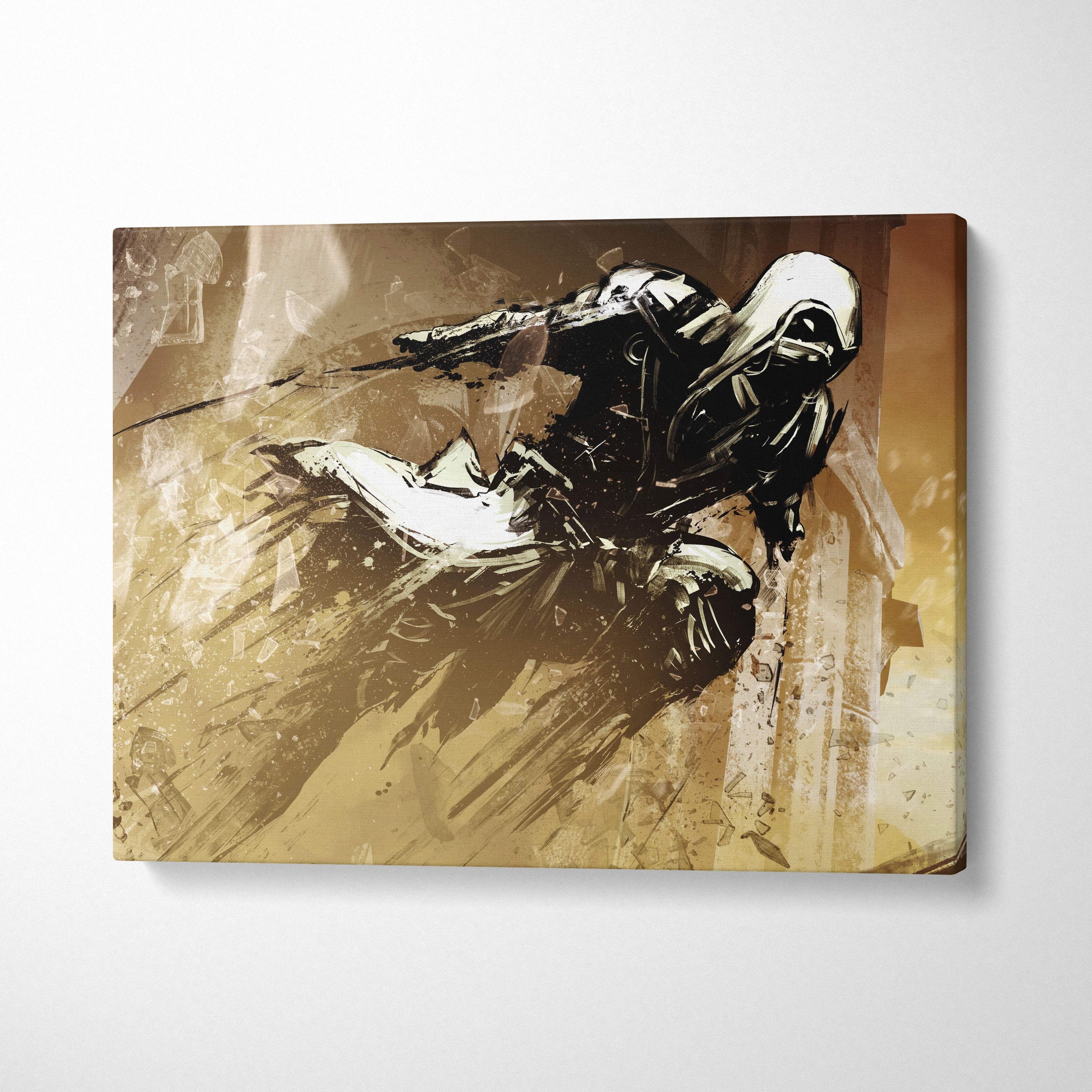 Stylized canvas print of a black and white hooded assassin in dynamic motion on a textured sepia background wall decor