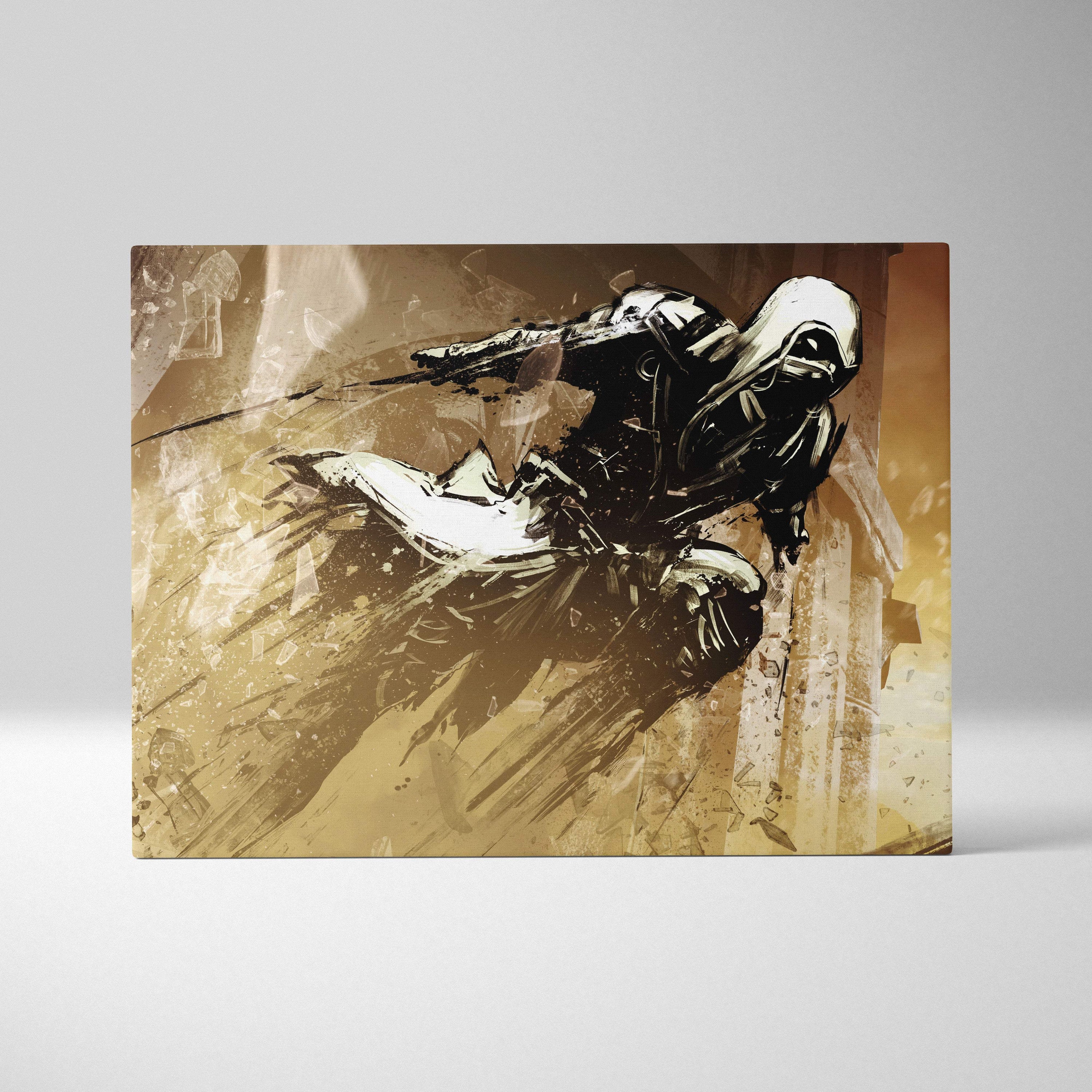 Stylized canvas print of an assassin in a white hooded cloak with bold black and gold brushstrokes in dynamic ink splash style