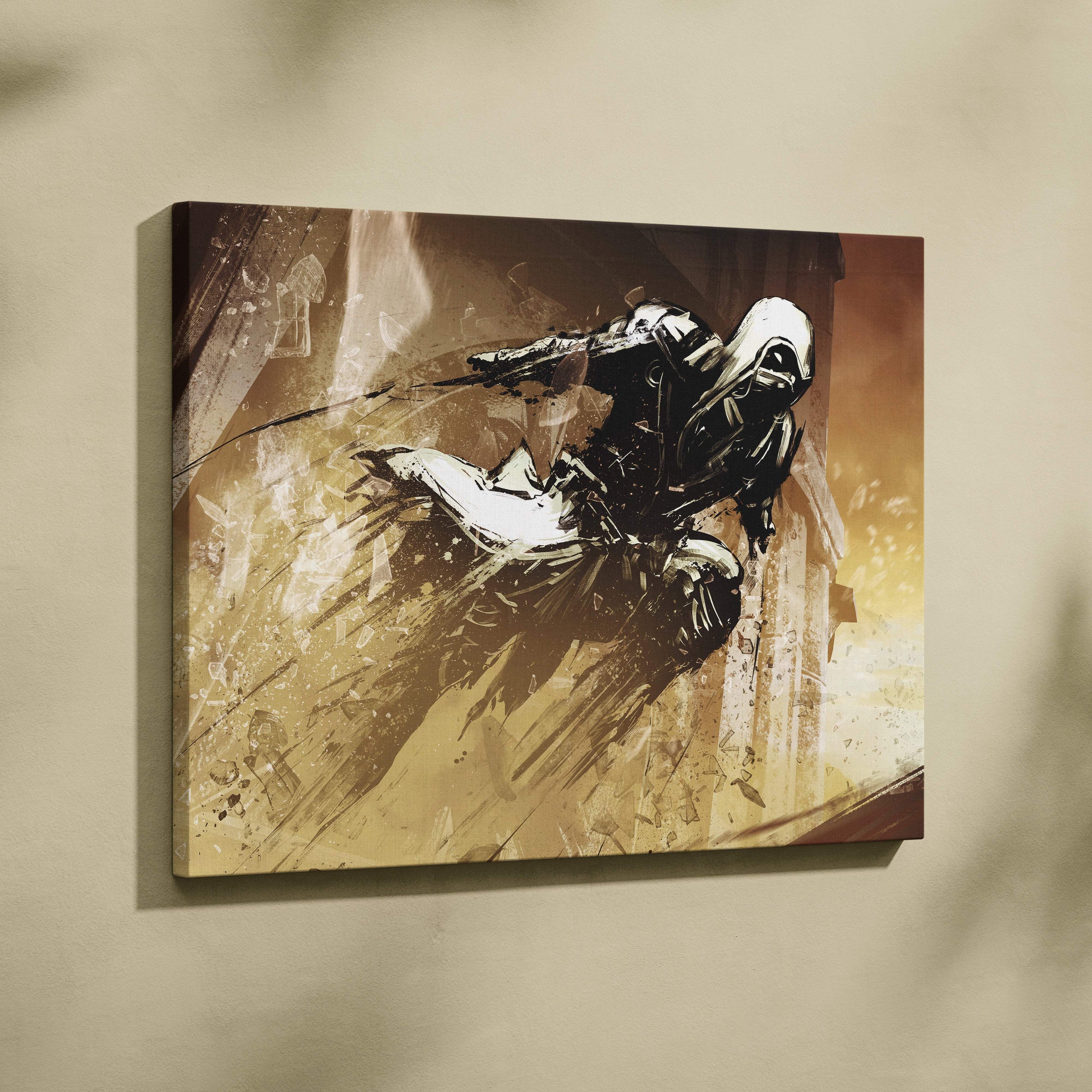 A canvas print of a hooded rogue assassin leaping in black and white gear with dynamic ink splash on sepia background