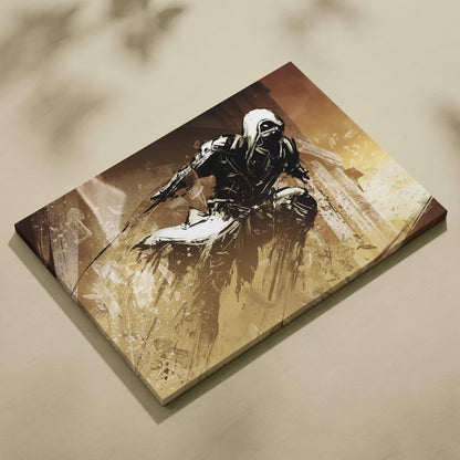 A canvas print of a stylized black and white assassin in mid-air attack on a warm brown and gold textured background