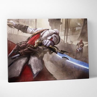 Duel of blades canvas art featuring a knight in white and red armor with a glowing blue sword on a ship