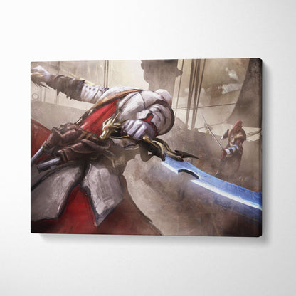 Canvas print of a dynamic battle scene with hooded assassin and armored warrior clashing swords in dramatic lighting
