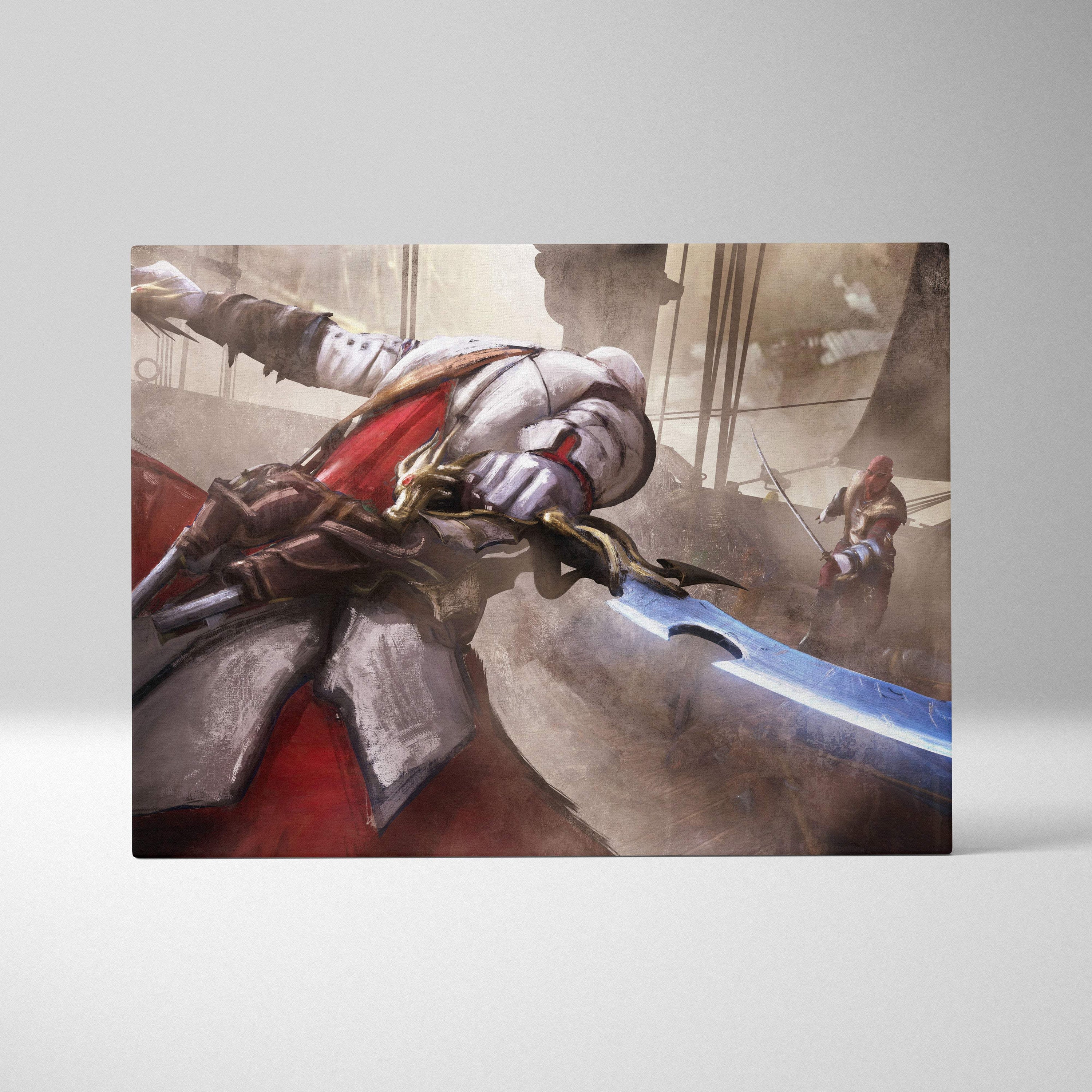 Rectangular canvas art depicting a knight in white and red armor with a glowing blue sword in a gritty battle scene