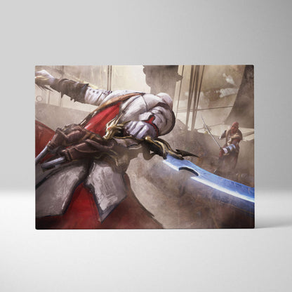 Rectangular canvas art depicting a knight in white and red armor with a glowing blue sword in a gritty battle scene