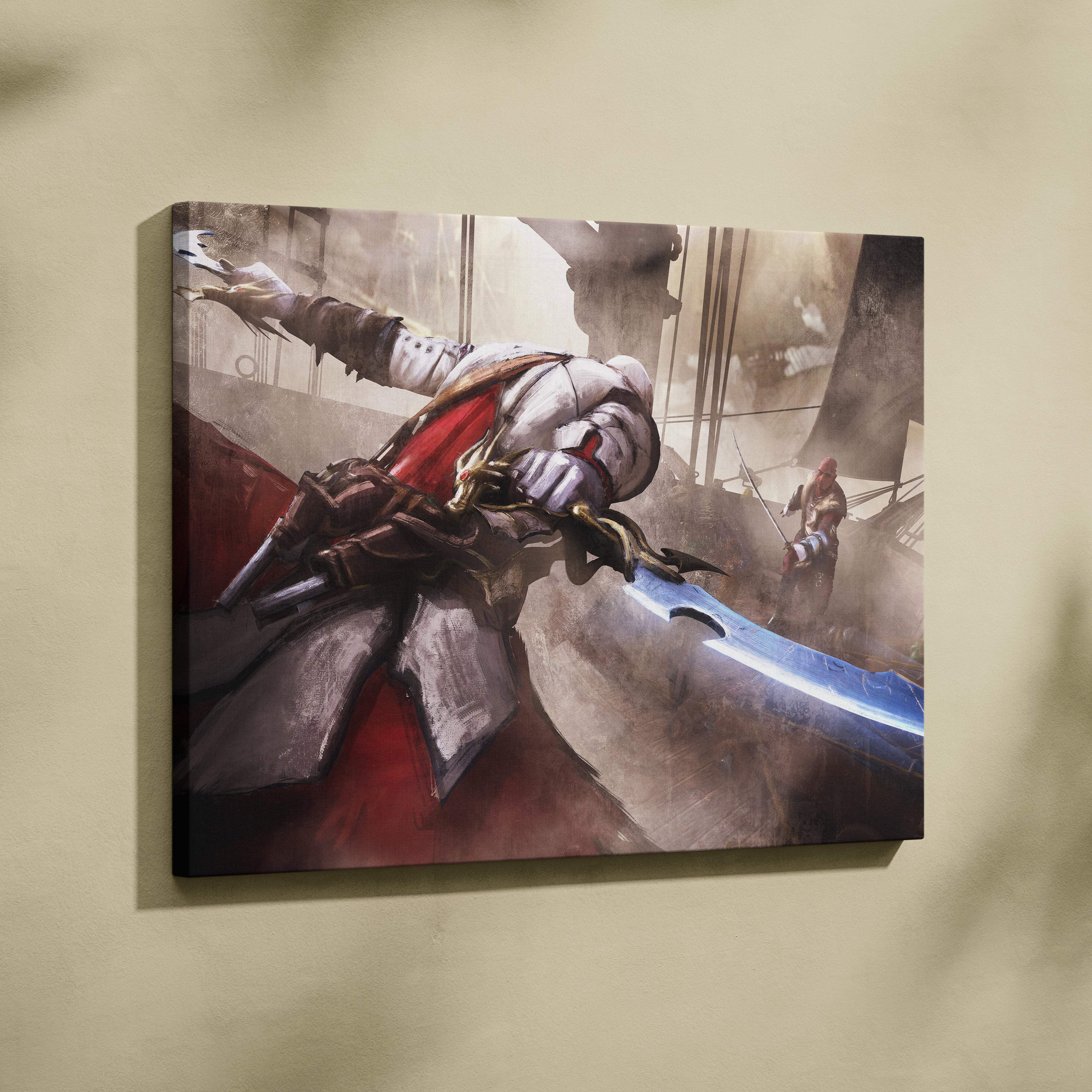 Duel of blades canvas art featuring a hooded assassin in white and red armor with a glowing blue sword in a smoky industrial scene