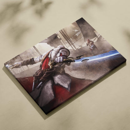 A rectangular sepia-toned canvas print of an armored warrior mid-sword swing in a cinematic fantasy duel scene