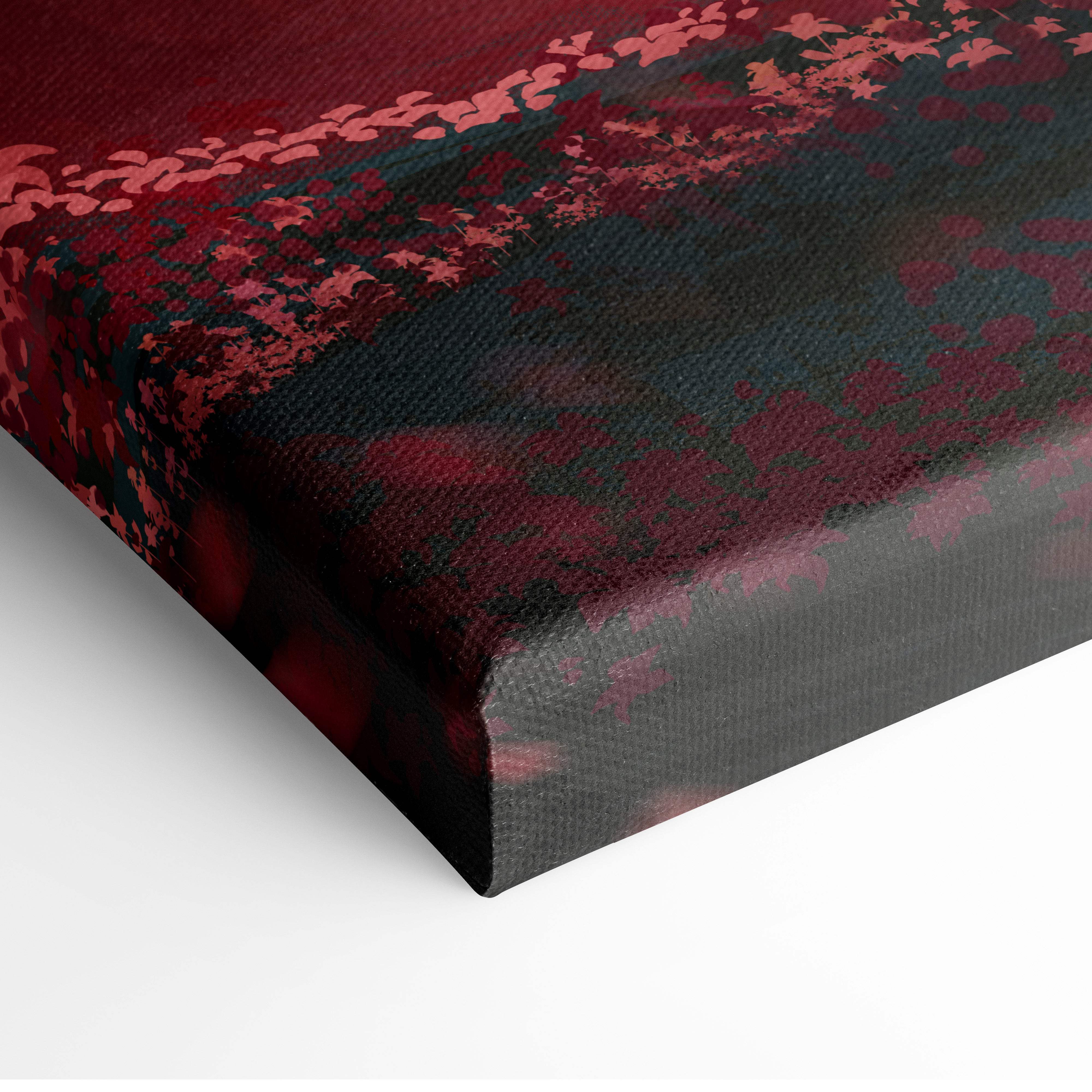 A textured canvas wall art featuring a bold red and black abstract floral design titled whisper to the void