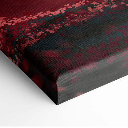 A textured canvas wall art featuring a bold red and black abstract floral design titled whisper to the void